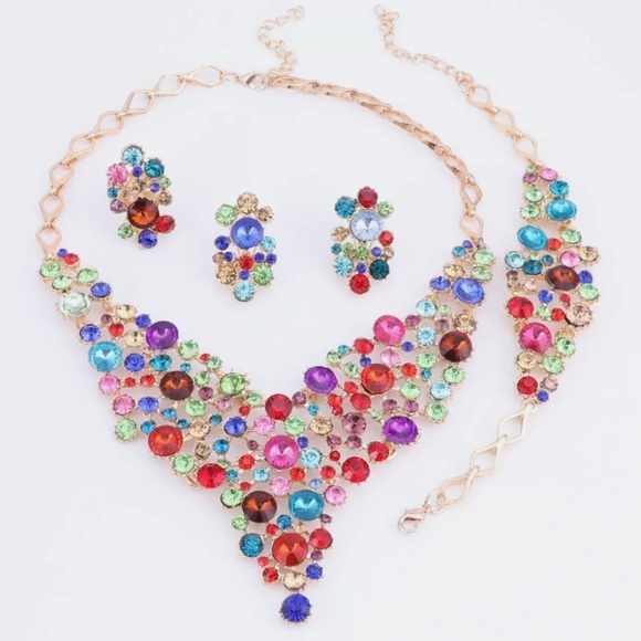 18K gold plated multi color rainbow crystal Necklace earrings set - Picture 1 of 15